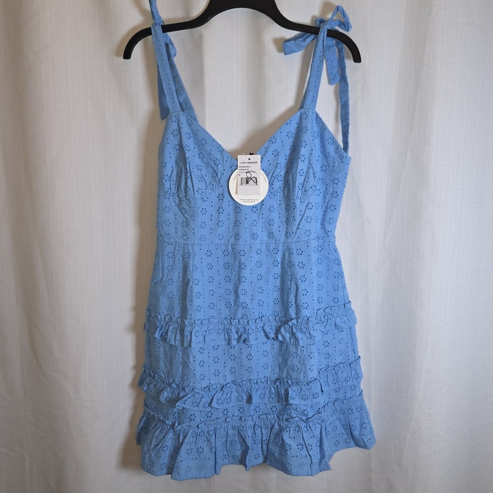 Lost + Wander Blissful Blues Mini Dress Eyelet Tie Strap Smocked Blue M NWT